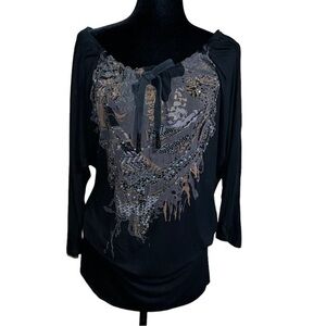 Miss Me-Black/Brown/Gray Beaded Off-Shoulder Long Sleeve Mini Dress Size M